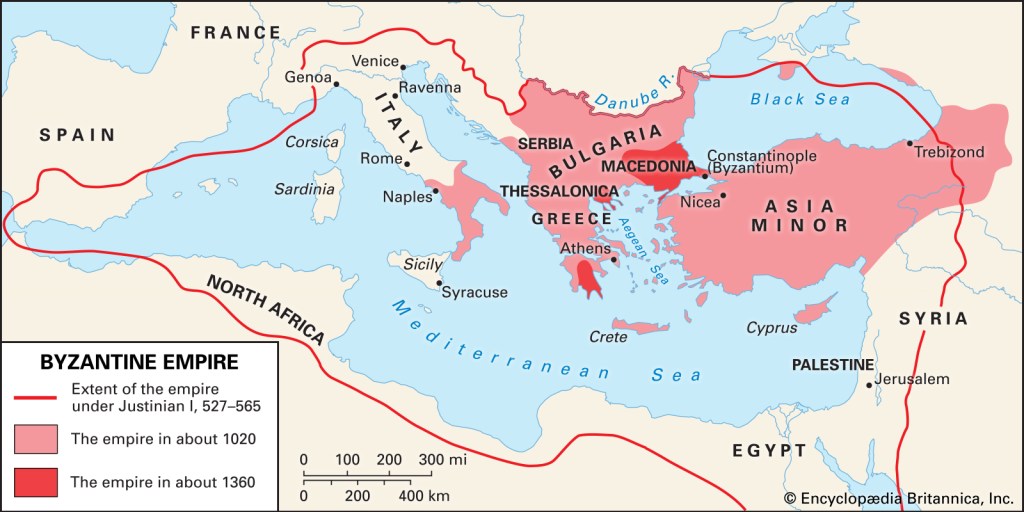 The Eastern Roman Empire at various points in its territorial history.