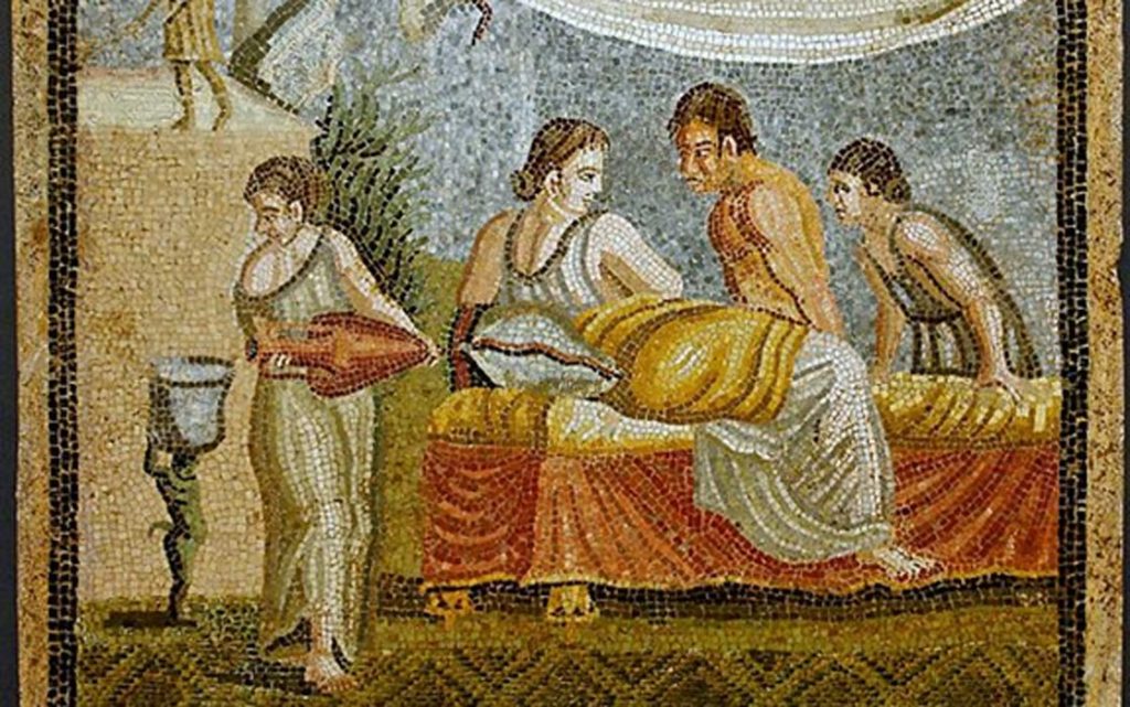 A mosaic showing a brothel scene in the Roman Empire. Theodora was a prostitute in the earlier part of her life.