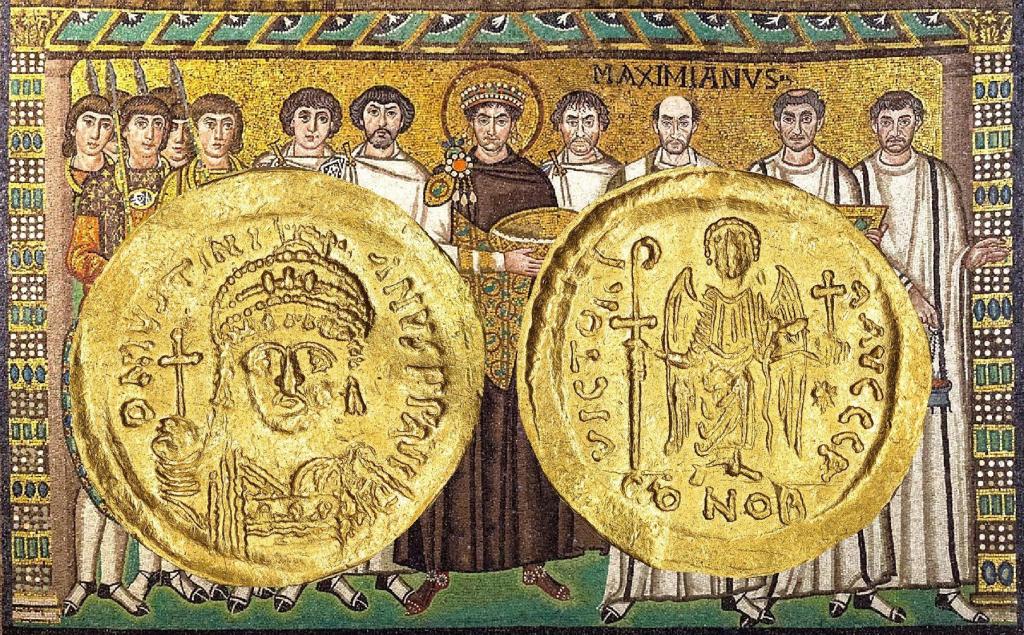 The famous mosaic of Emperor Justinian and his attendants, accompanied by coins of the Emperor.