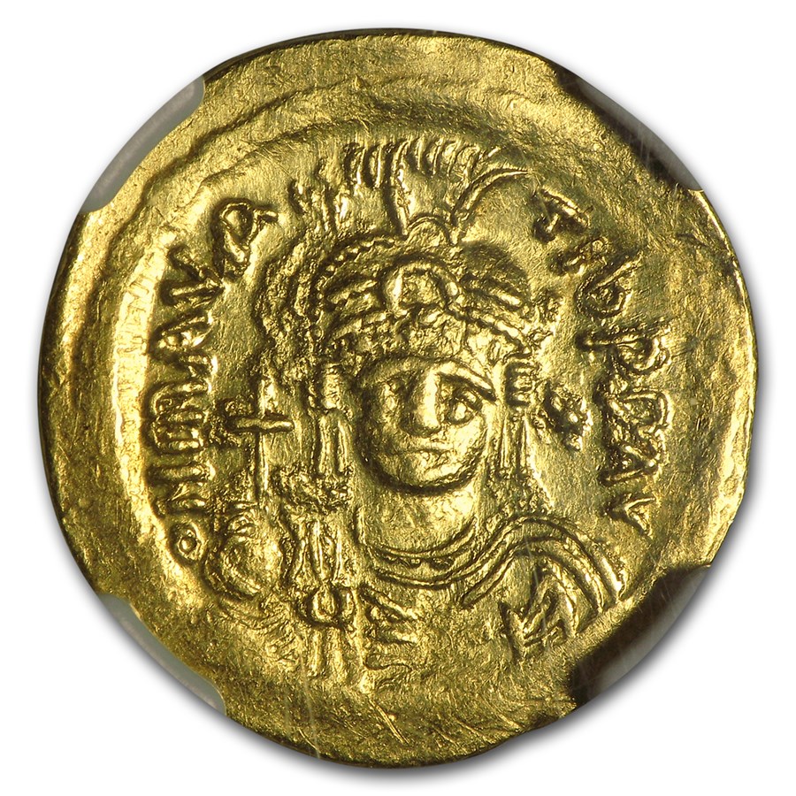 A Gold Solidus of the Emperor Maurice (582 to 602). He was the author of the Strategikon.