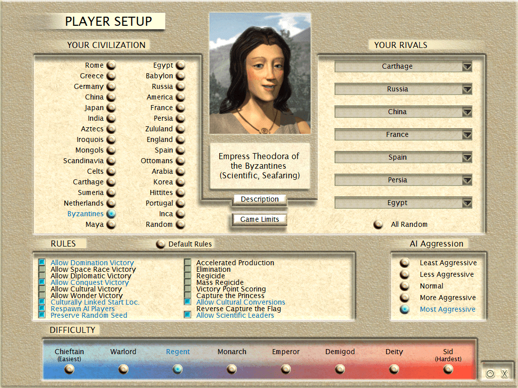 The Civilization III Selection Screen showing Empress Theodora.