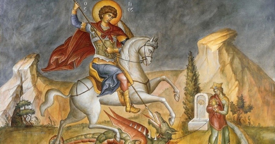 Saint George slaying the Dragon in a Byzantine Mosaic.